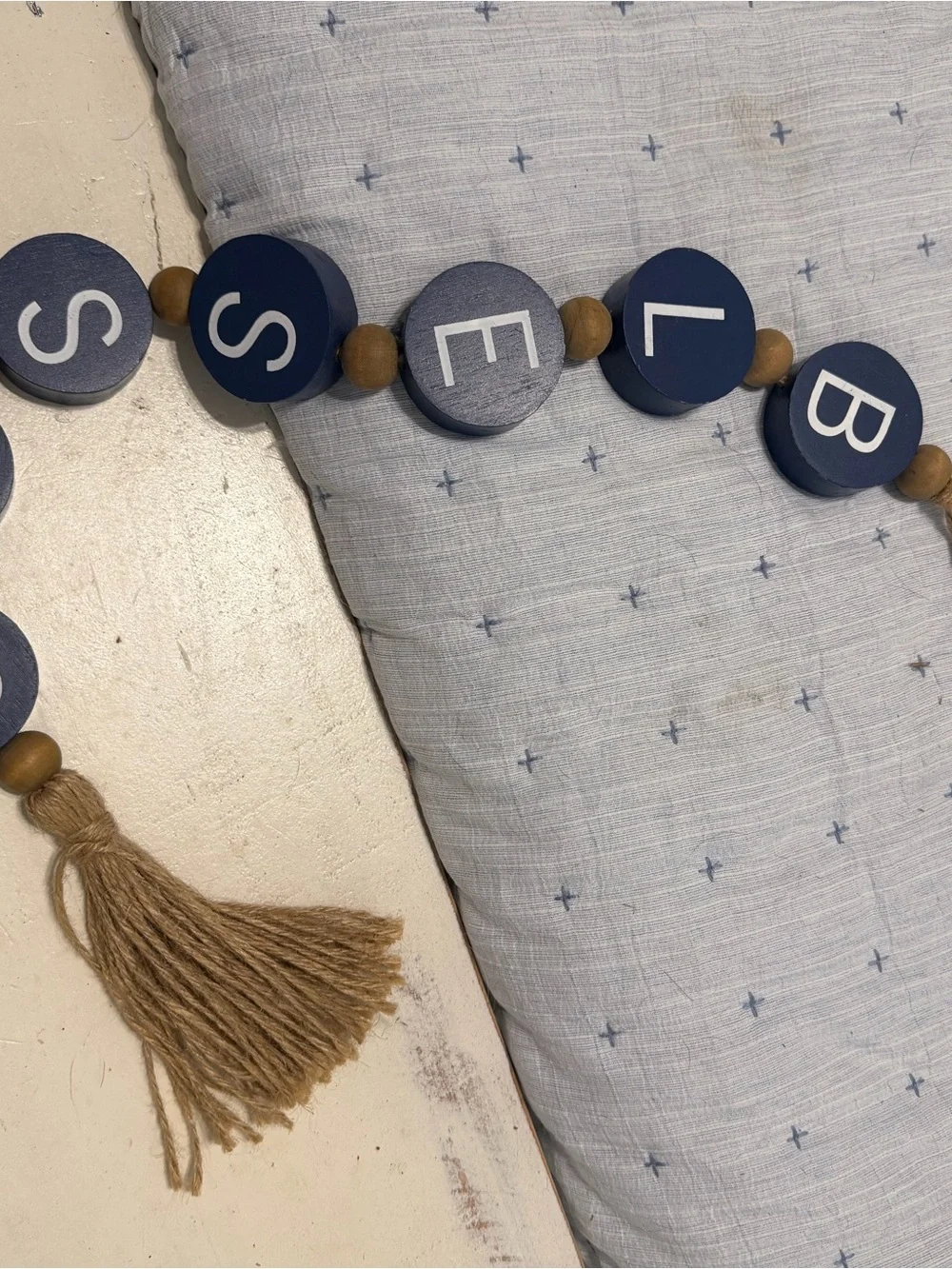 Hobby Lobby Navy Lettered Wooden Bead Garland with Natural Tassel